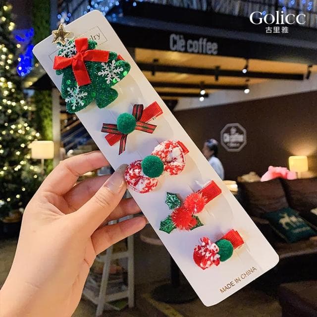 【Golicc】聖誕造型小髮夾 一組5入(母親節 生日 情人節 髮飾 頭飾 鯊魚夾 抓夾 禮物)
