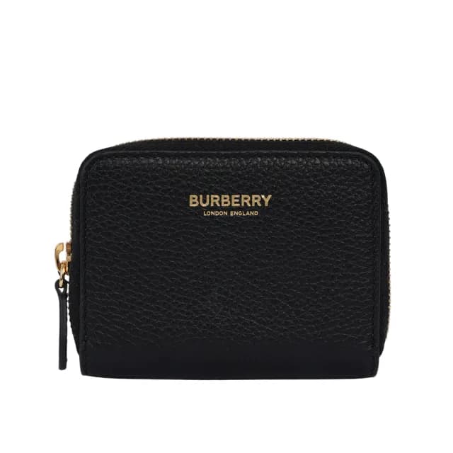 【BURBERRY 巴寶莉】金字Logo 粒紋牛皮ㄇ形拉鍊零錢包/卡夾包(黑色)