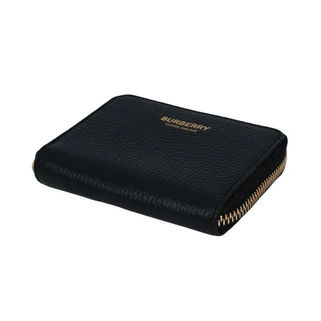 【BURBERRY 巴寶莉】金字Logo 粒紋牛皮ㄇ形拉鍊零錢包/卡夾包(黑色)