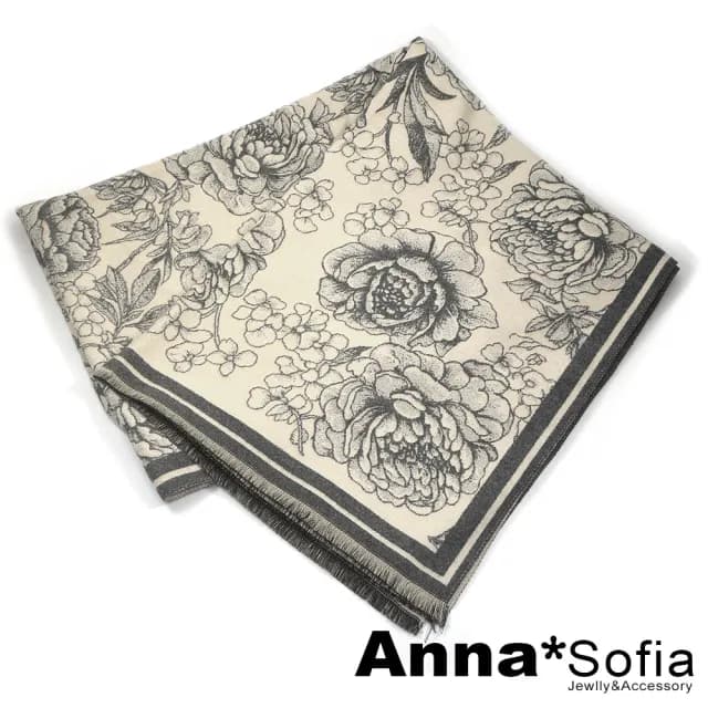 【AnnaSofia】仿羊絨大披肩圍巾-線繪牡丹雙面色 現貨(灰米系)
