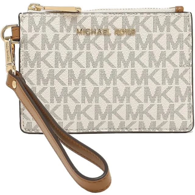 【Michael Kors】香草白X焦糖咖啡PVC滿版LOGO多功能手提帶信用卡證件名片鑰匙零錢包