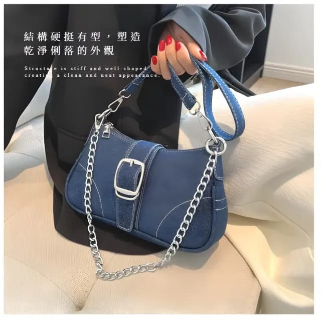 【質感出街】特殊霧感藍丹寧金屬單肩包(可調節 百搭牛仔布 斜背包 側肩包 手提 生日禮物 日常穿