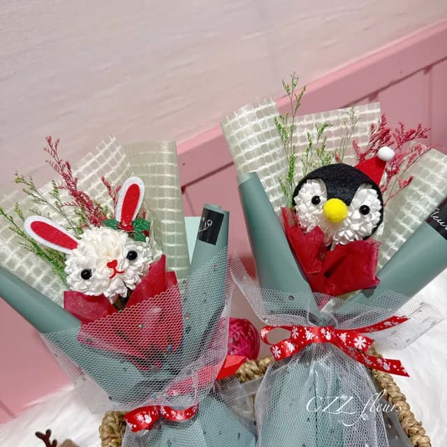 【喜滋滋花藝】可愛QQ球動物聖誕花束(交換禮物/聖誕禮物/生日禮物/耶誕節/聖誕卡片)