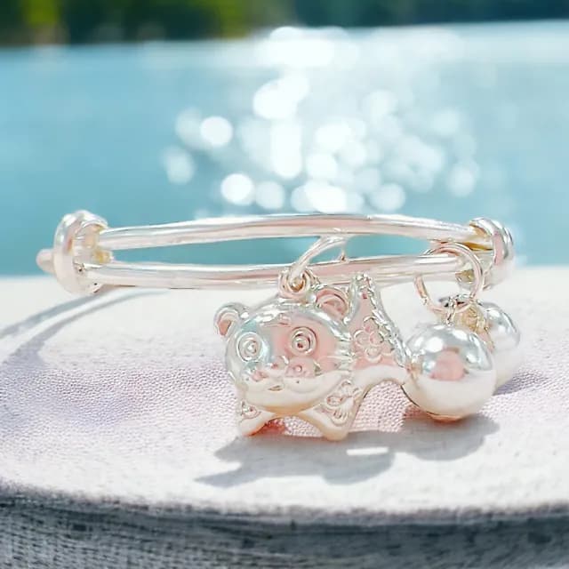 【珠兒綠】999純銀 生肖虎撒嬌虎兒童搖鈴手鐲 開 純銀手鐲 純銀手鍊 彌月禮物 兒童禮物(附高級禮盒禮袋)