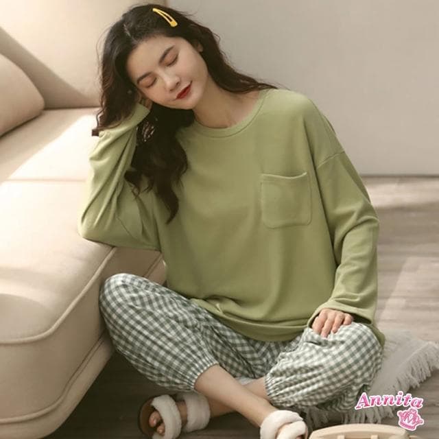【Annita】交換禮物日系居家 棉質寬鬆居家休閒服睡裙女睡衣(兩件式套裝/女睡衣/居家服/長袖/中大尺碼)