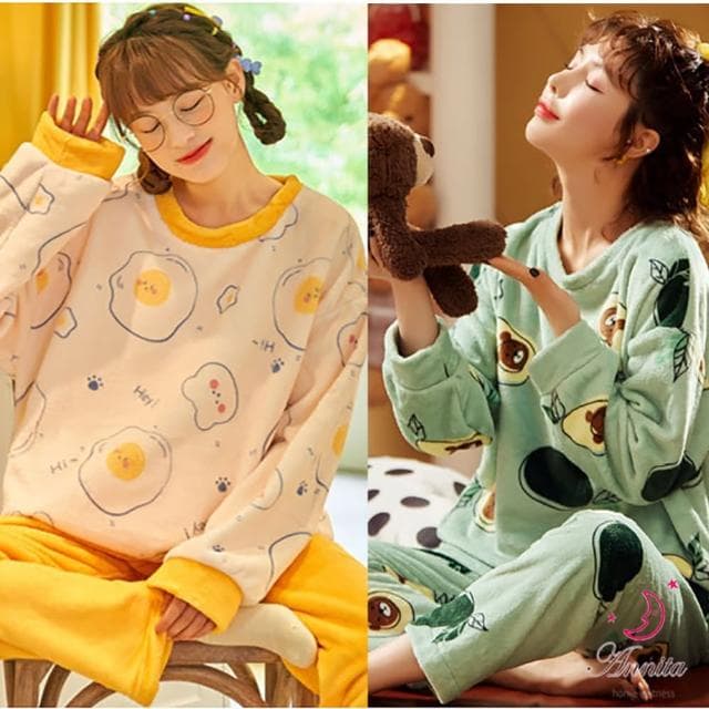 【Annita】交換禮物秋冬可愛保暖 珊瑚絨居家服睡衣(長袖睡衣/女睡衣居家服/兩件式睡衣/法蘭絨珊瑚絨睡衣)