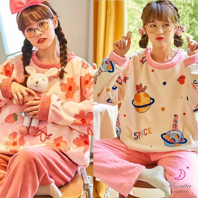 【Annita】交換禮物秋冬可愛保暖 珊瑚絨居家服睡衣(長袖睡衣/女睡衣居家服/兩件式睡衣/法蘭絨珊瑚絨睡衣)