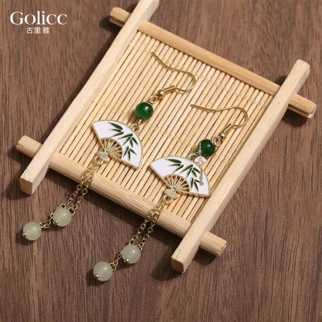 【Golicc】耳環 玉石流蘇扇 中式墜式(99購物限定 生日 飾品 耳釘 耳飾 耳墜 禮物)