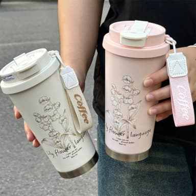 【MUJIE】鈴蘭花316不鏽鋼保溫杯 兩用咖啡杯 500ML(吸管隨行水杯 馬克杯 母親節禮物)