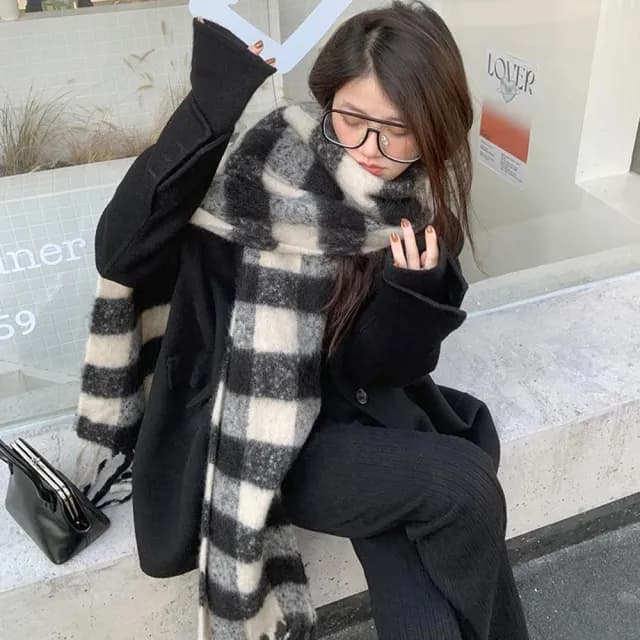 【MoonDy】情人節禮物 圍巾 條文圍巾 格子圍脖 仿羊絨披肩 加厚圍巾 流蘇圍巾 披巾 馬海毛圍巾 韓國圍巾 空