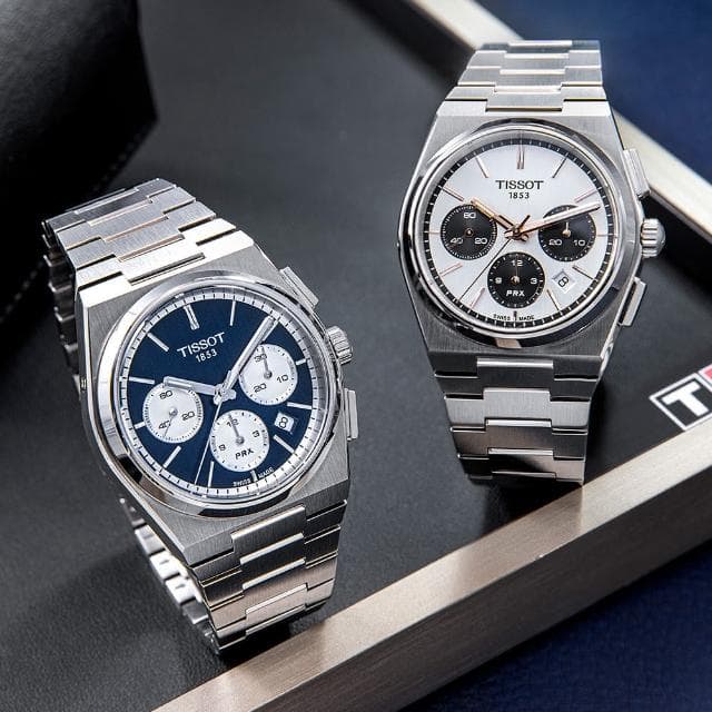 【TISSOT 天梭 官方授權】PRX系列 復古風酒桶型三眼計時機械錶-42mm/藍 熊貓錶 禮物(T1374271104100)