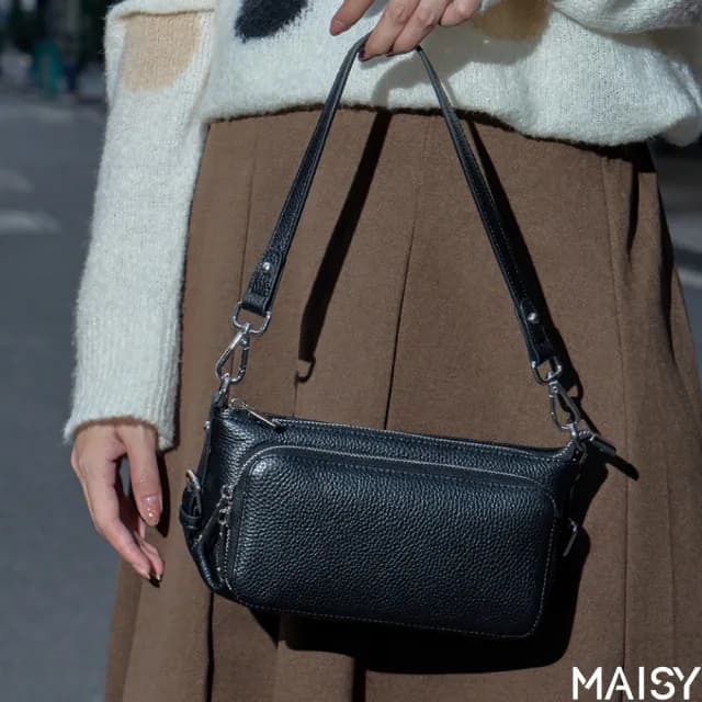【MAISY】情人節禮物 真皮 高級頭層牛皮簡約肩背包 手提包(真皮包包 卡其色／米色／藍色／黑色／綠色／銀色