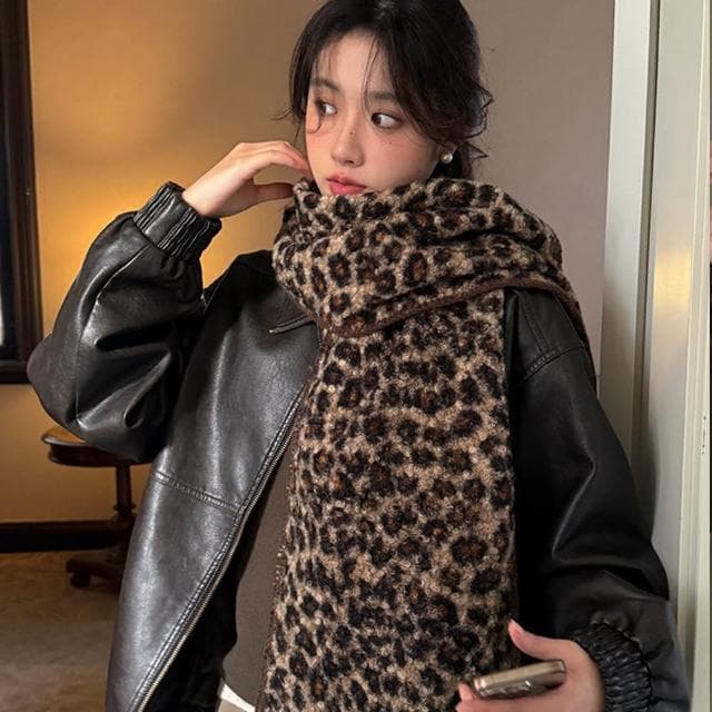 【LEEHER】保暖圍巾/豹紋圍巾/韓國圍巾/雙面圍巾/圍巾/圍脖/披肩圍巾/小眾設計/百搭配件/仿羊毛