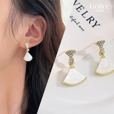 【Golicc】耳環 法式精鑲 優雅扇形小裙(母親節 生日 情人節 飾品 耳釘 耳飾 耳墜 禮物)