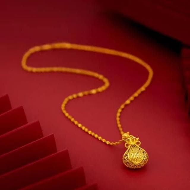 【Penny珮妮】越南沙金花絲鏤空福袋項鍊吊墜8mm(生日禮物/母親節/交換禮物/情人節/送女友/毛衣鏈)