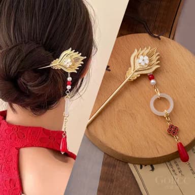【Golicc】中式 鳳凰流蘇吊墜 古風婚慶髮簪(母親節 生日 情人節 髮飾 頭飾 婚禮 喜慶 禮物)