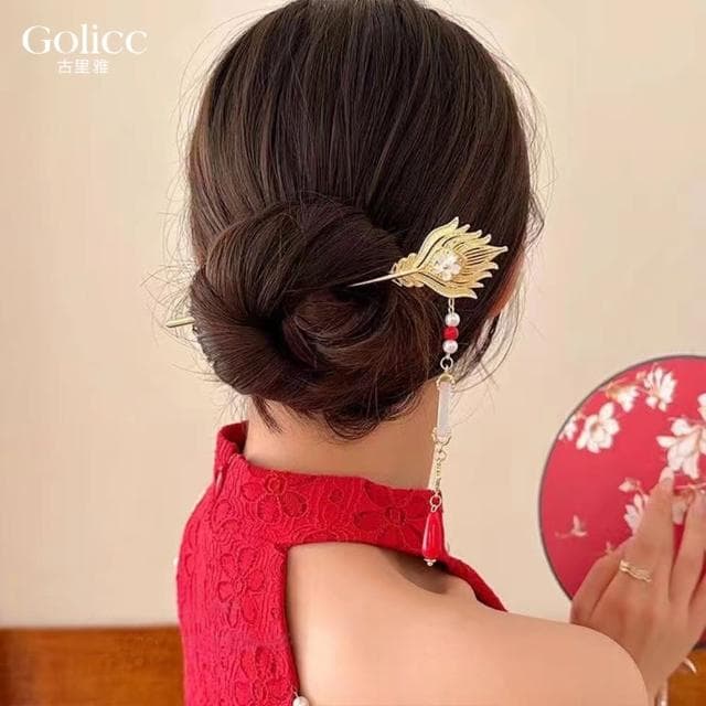 【Golicc】中式 鳳凰流蘇吊墜 古風婚慶髮簪(母親節 生日 情人節 髮飾 頭飾 婚禮 喜慶 禮物)