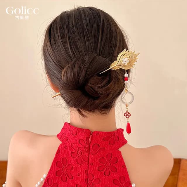 【Golicc】中式 鳳凰流蘇吊墜 古風婚慶髮簪(七夕 情人節 生日 髮飾 頭飾 婚禮 喜慶 禮物)