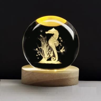 【A-ONE 匯旺】大海馬 3D雕刻水晶球 發光水晶球 小夜燈 LED木底座 臥室燈 生日禮物 聖誕節