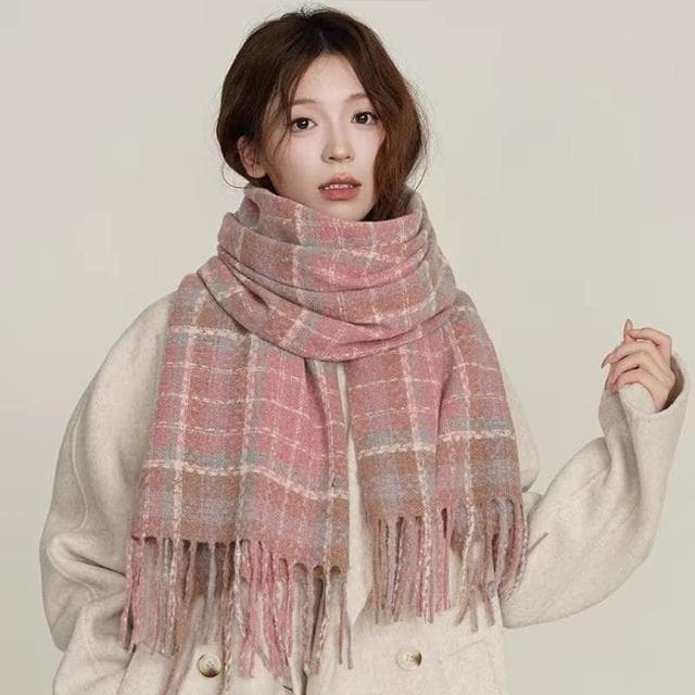【LEESA】圍巾\加厚圍巾\粉色圍巾\保暖披肩\生日禮物\女生實用\保暖圍巾\格子圍巾\仿羊絨圍巾\顯白顯氣色