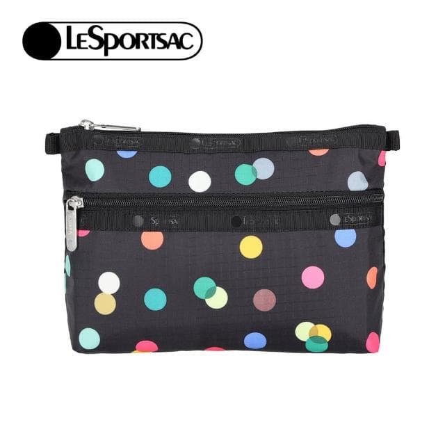 【Lesportsac】雙層拉鍊收納化妝包/ 圓點漂浮氣球 送禮 禮物(黑色)