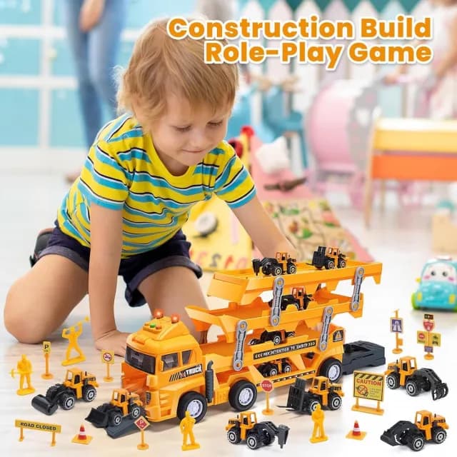 【CuteStone】兒童聲光卡車三層工程運輸車套裝玩具21件組(玩具車  生日玩具)