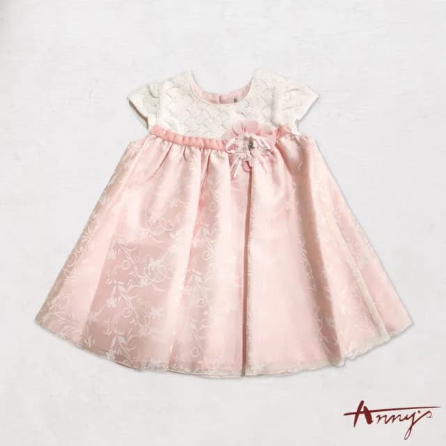 【ANNY’S 安妮公主】童裝 花卉緞面紗拼接立體花朵秋冬款短袖洋裝(9215粉紅)