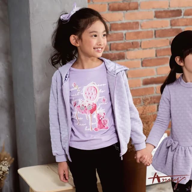 【ANNY’S 安妮公主】童裝 圓點壓紋蝴蝶結雙口袋秋冬款拉鍊連帽外套(9417紫)