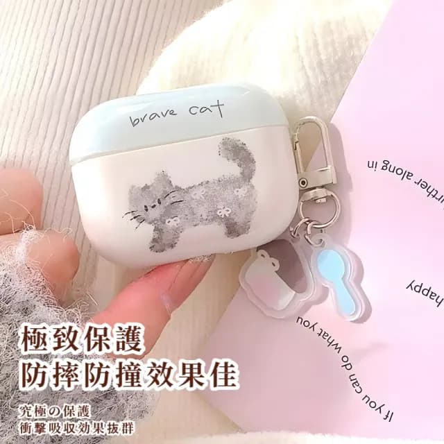 【可愛保護】卡通灰貓Airpods 4代耳機殼(保護套 藍牙耳機保護殼 apple 禮物)