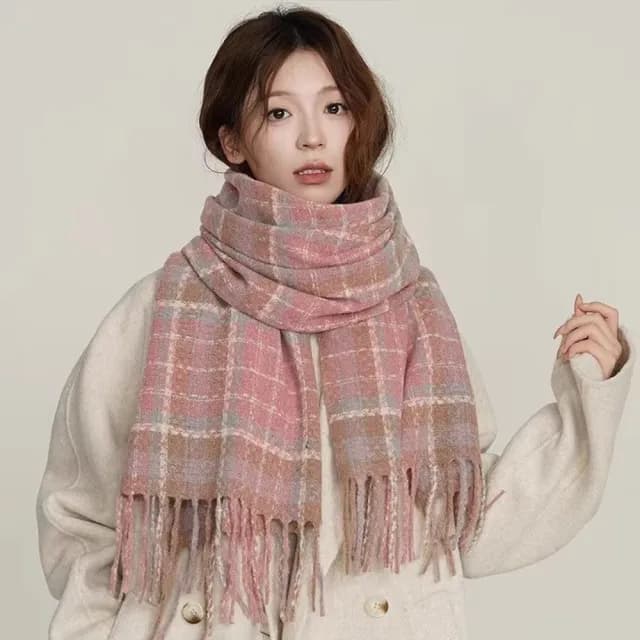 【LEEHER】仿羊絨圍巾/圍巾/圍脖/加厚圍巾/粉色圍巾/保暖披肩/生日禮物/女生實用/保暖圍巾/格子