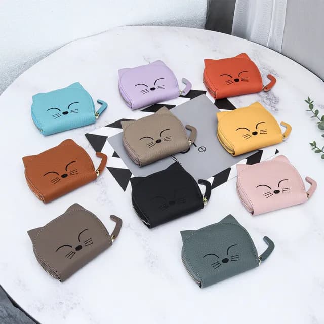 【達賀尊爵】牛皮卡包女士新款卡通可愛刺繡貓咪零錢包(多卡位證件收納小包)