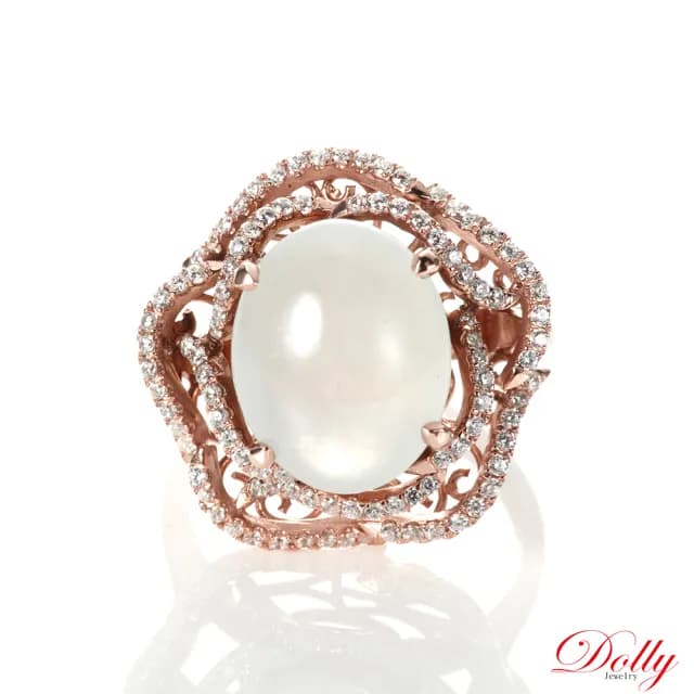 【DOLLY】18K金 緬甸冰玻種白翡玫瑰金鑽石戒指-002(長輩送禮首選)