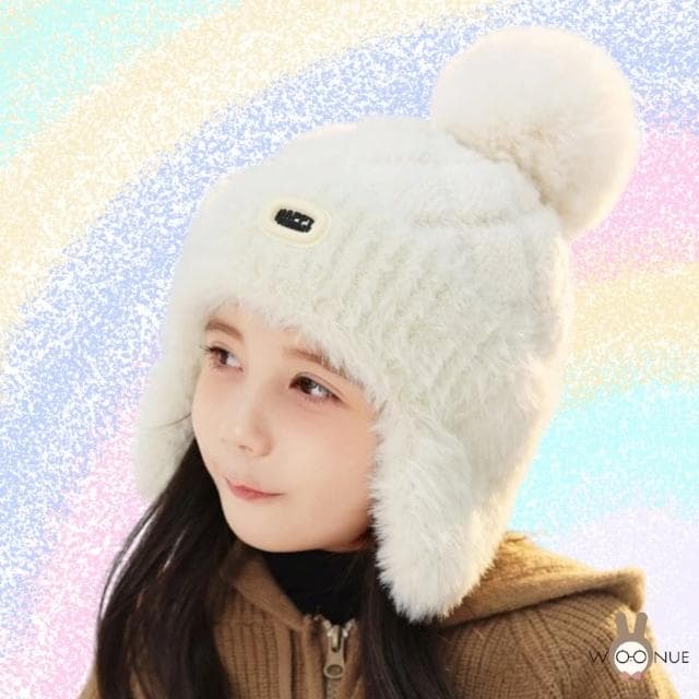 【WOONUE】可愛兒童專櫃毛球帽護耳帽加厚柔軟親膚毛絨保暖防寒(聖誕節生日孫女孫子寶貝女兒禮物