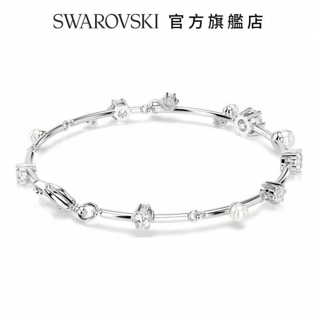 【SWAROVSKI 施華洛世奇】Constella Tennis 手鏈水晶珍珠圓形切割 白色 鍍白金色(情人節禮物)