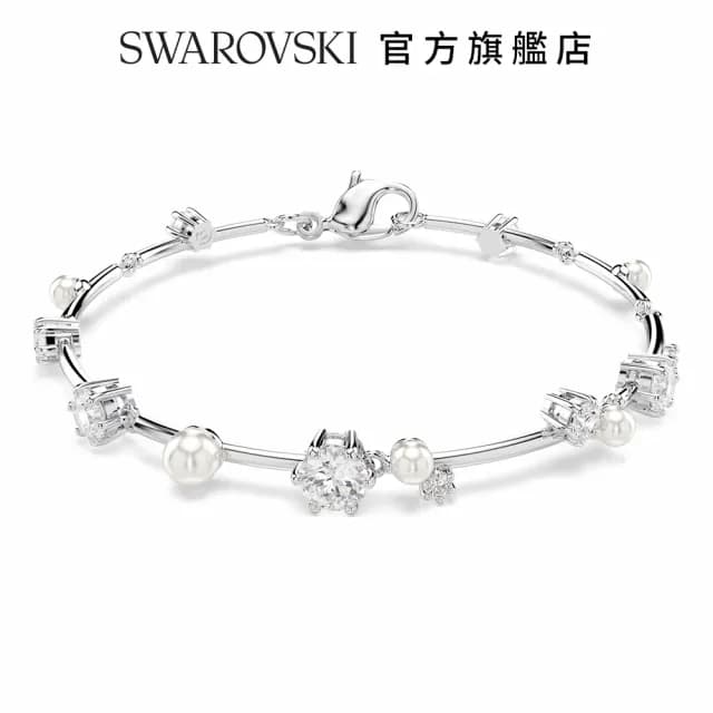 【SWAROVSKI 施華洛世奇】Constella Tennis 手鏈水晶珍珠圓形切割 白色 鍍白金色(情人節禮物)