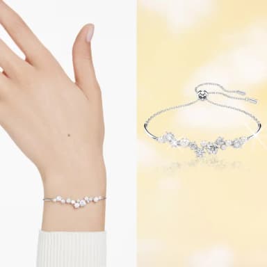 【SWAROVSKI 官方直營】Constella 手鐲水晶珍珠圓形切割 白色 鍍白金色(情人節禮物 交換禮物)