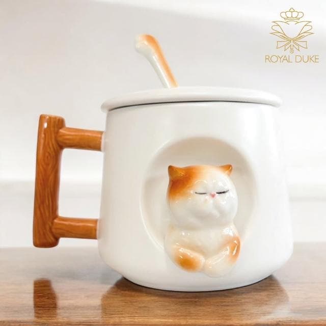 【Royal Duke】萌貓手繪附蓋附湯匙馬克杯420ml(二色可選 可愛動物 馬克杯大容量 禮物 入厝禮 咖啡杯)