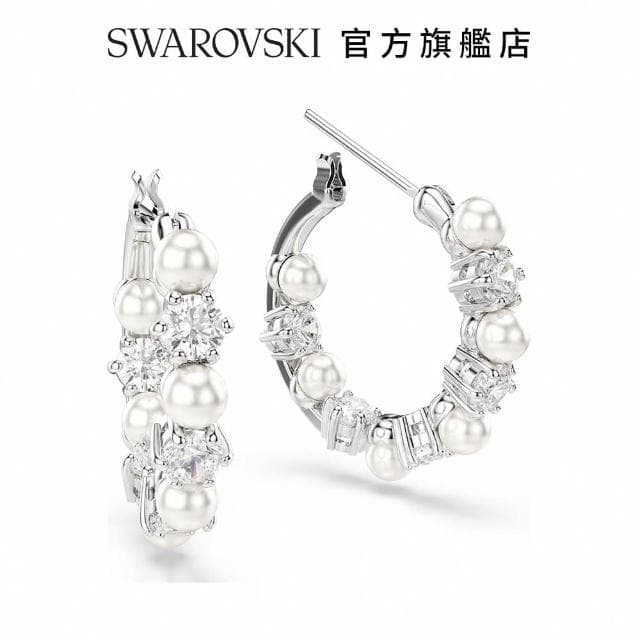 【SWAROVSKI 官方直營】Matrix 水滴形耳環水晶珍珠 圓形切割 白色 鍍白金色(情人節禮物 交換禮物)