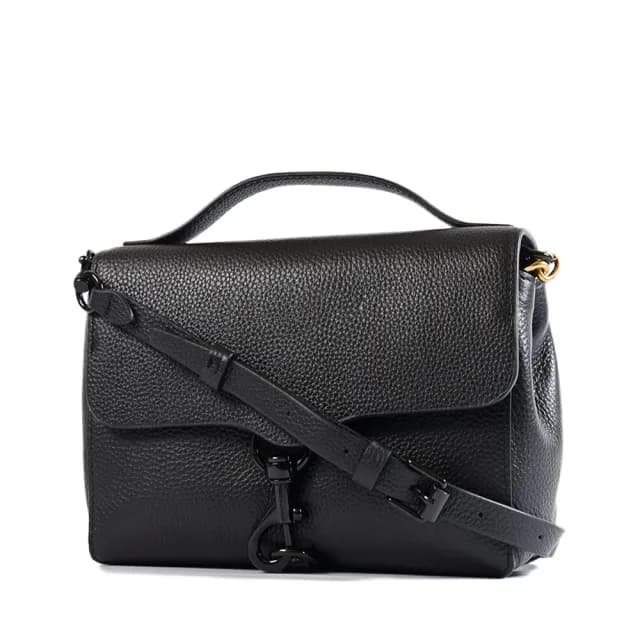 【Rebecca minkoff】Megan 彈簧釦真皮荔枝紋手提/肩背/斜背三用包-黑色