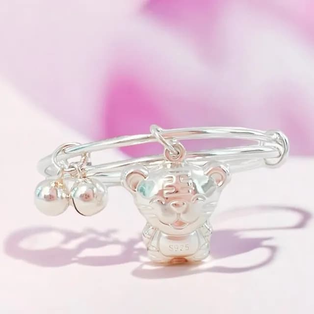 【珠兒綠】999純銀 生肖笑笑虎兒童搖鈴手鐲 兒童禮物 開運 純銀手鐲 純銀手鍊 彌月禮物(附高級禮盒禮袋)
