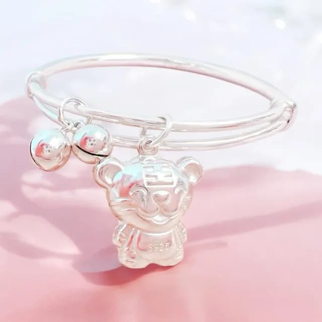 【珠兒綠】999純銀 生肖笑笑虎嬰兒搖鈴手鐲 嬰兒禮物 開運 純銀手鐲 純銀手鍊 彌月禮物(附高級禮盒禮袋)