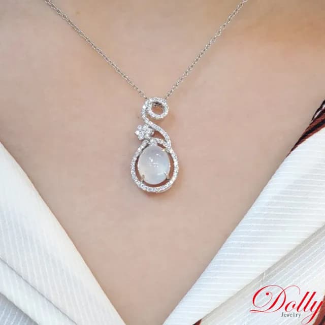 【DOLLY】14K金 緬甸冰玻種白翡A貨鑽石項鍊-002(長輩送禮首選)