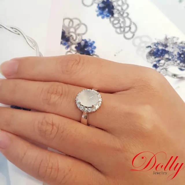 【DOLLY】14K金 緬甸冰玻種白翡鑽石戒指-007(母親節 長輩送禮 交換禮物首選)