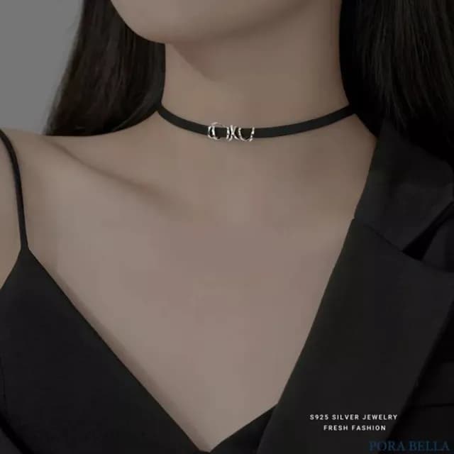 【Porabella】925銀鋯石項鍊 黑色皮繩項圈 choker鎖骨鏈 脖頸鍊頸帶 小眾個性風ins Necklace