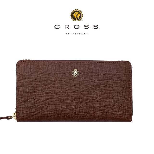 【CROSS】限量1折 頂級小牛皮十字紋拉鍊長夾 奧莉薇系列 全新專櫃展示品(琥珀色 交換禮物/情人節/現貨)