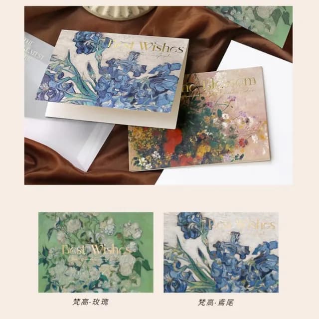 【花卉印象】油畫燙金卡片4件入-附信封(商務賀卡 祝福卡 婚禮小卡 生日賀卡 留言 明信片 畢業 美術)