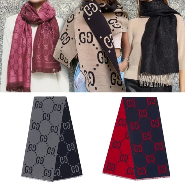 【GUCCI 古馳】經典GG LOGO雙色羊毛圍巾/披巾(顏色任選)