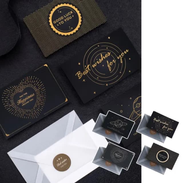 【生日賀卡】高級黑色燙金卡片4入-附信封+封口貼(萬用卡 商務賀卡 祝福卡 婚禮小卡 留言 明信片 畢業)