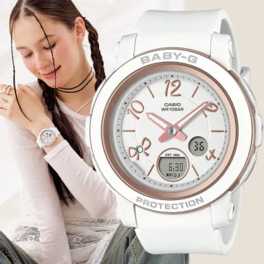 【CASIO 卡西歐】BABY-G 可愛緞帶雙顯女錶-白x玫瑰金色 送禮 禮物 推薦(BGA-290RA-7A)