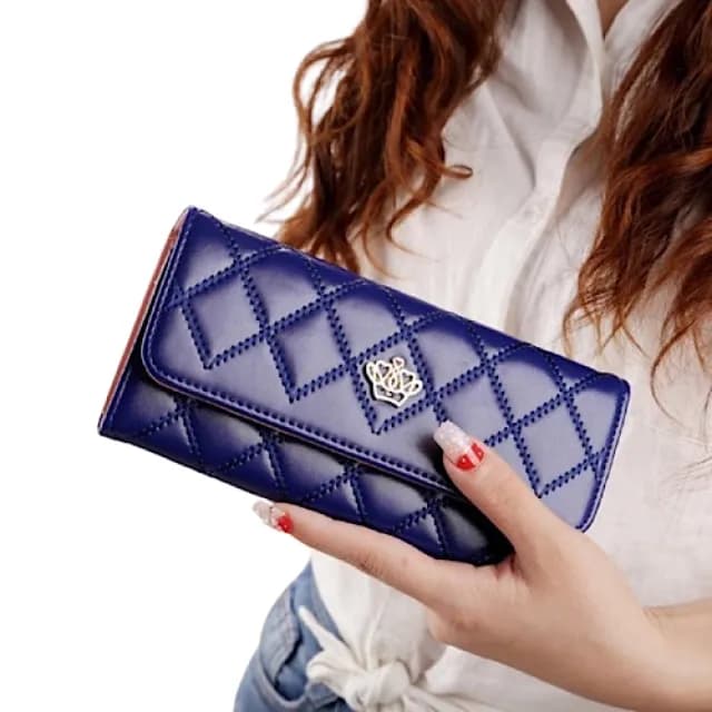 【89 zone】雙11 法式時尚菱格三折 長款錢包 手拿包 零錢包 錢夾 皮夾 長夾(寶藍)
